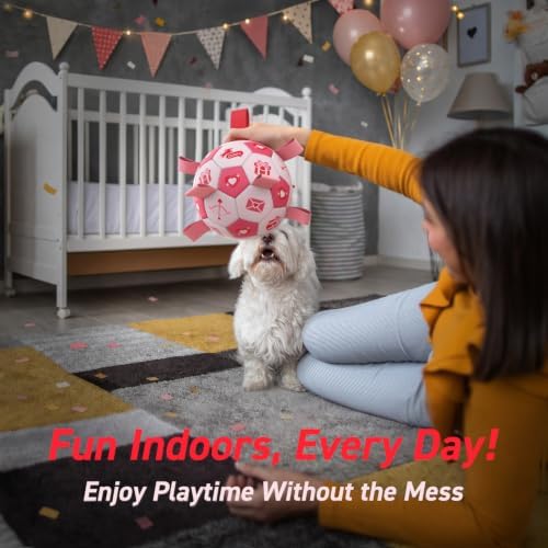 QDAN Dog Birthday Toys, Pink Soccer Ball with Straps, Interactive Tug of War Toy, Puppy Birthday Gifts, Water Toy, Durable Dog Balls for Medium Large (8 Inch)