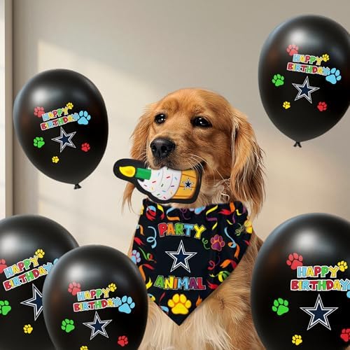 NFL Dallas Cowboys Dog Birthday Party Set 8pcs with 1 Football Bandana Large/X-Large, 1 Birthday Cake Toy & 6 B-Day Balloons, Dog Birthday Set, Costume, Fun Doggie Party Accesories