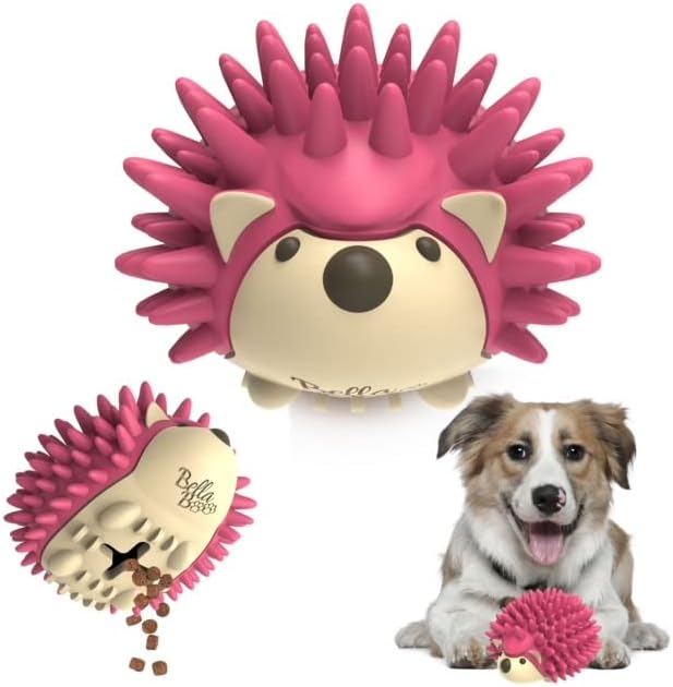 Bella Boo Pets Interactive Dog Toy for Strong Chewers - Freddy The Hedgehog All-in-One Treat Ball + Food Dispensing Slow Feeder Dog IQ Puzzle + Dental Chew Toy for Medium and Large Breed Dogs (Pink)