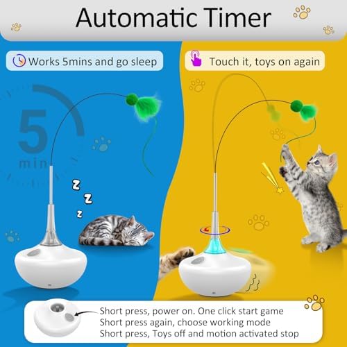 Interactive Cat Toy with Touch Activation, Automatic Spin Cat Toys for Indoor Cats, 26-Inch Extra Long Feather Wand, Rechargeable