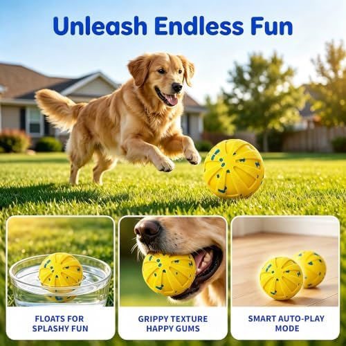 Smart Interactive Dog Toy Wicked Ball Automatic Moving Bouncing Rotating Active Rolling Ball 3 Modes Chew Resistant E-TPU Dog Ball IPX7 Waterproof Electric Puppy Toy for Small Medium Large Dogs Yellow