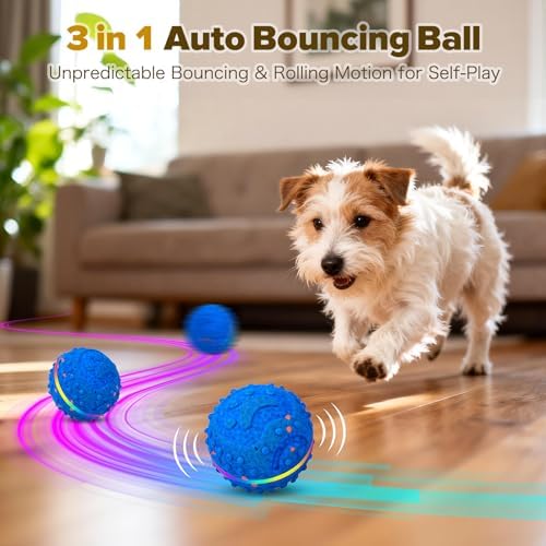 Interactive Dog Toys Ball, Self-Rolling & Bouncing Ball with RGB Colorful Lights to Keep Them Busy, 3-in-1 Interactive Mode, E-TPU Material, Type-C Charging, Moving Dog Toy for Dogs Puppies (Blue)