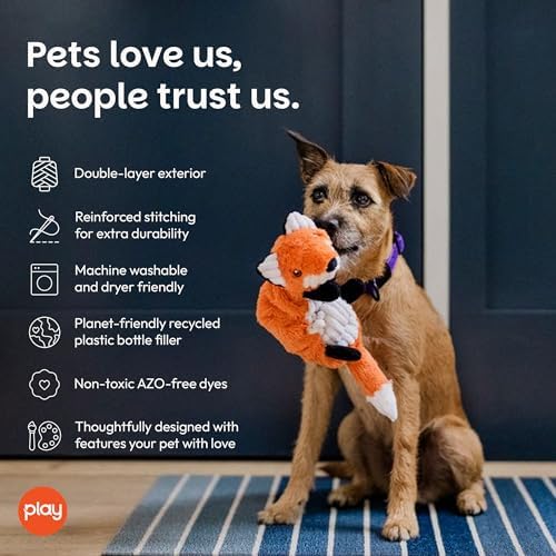 P.L.A.Y. Cute Plush Dog Toys - Forest Friends Critter Themed Durable Squeaker Crinkle Chew Toy, Great for Puppies & Small, Medium, Large Dogs - Machine Washable, Recycled Materials (Fox)