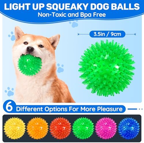 6 Pack 3.5" Light Up Squeaky Dog Toy Balls, Spiky Dog Balls for Small,Medium Large Dogs