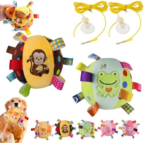 Colorful Squeaky Hanging Dog Training Toy, 6-Inch Squeaky Hanging Dog Toy, Soft Stuffed Ball with Cotton Material, Built-in Bell, Interactive Tug Chew Toy for Small Medium Dogs Indoor Play Fun (Mix-2)