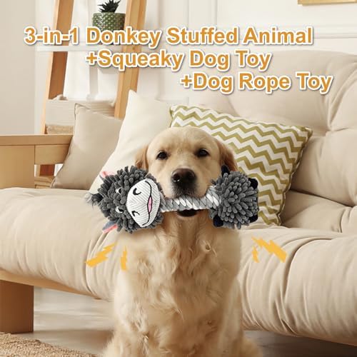 11.02 Inch Grey Donkey Mop Squeaky Dog Toy with Rope Neck, Plush Chew Toy for Puppy Teething, Interactive Tug of War Toy for Small Medium Large Dogs