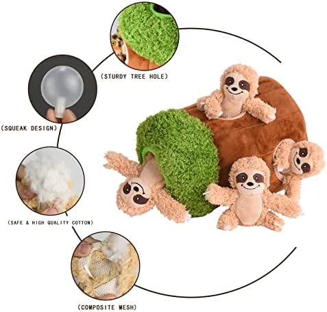 Interactive Squeaky Dog Toys Plush Sloth Dog Toy, Stuffing Woodland Friends Burrow, Dog Toys for Small Medium Large Dogs, Squeaky Plush Dog Toy (Medium)