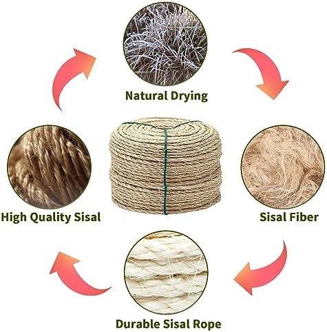 1/6 Inch Natural Sisal Rope, 164-Feet, 50m, for Cat Scratching Post, Tower, DIY Hemp Twine, Replacement, Sisal Fiber, Biodegradable, 4mm Diameter