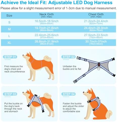 Visinite LED Dog Harness, USB Rechargeable Light Up Dog Vest, 2 Illuminate Modes Glow in The Dark Dog Harness, Adjustable Lighted Pet Harness Light for Night Walking Safety(Blue, S)