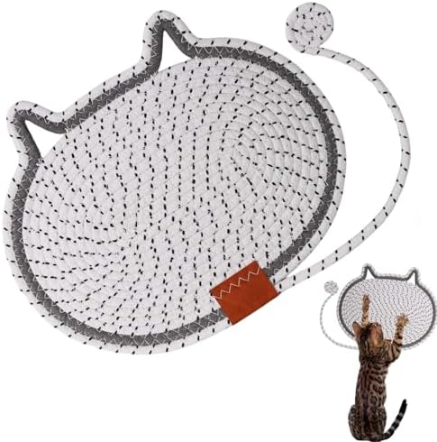 Cat Scratcher Mat Natural Cotton Rope Oval Horizontal Floor Cat Scratch Bed Pad with Ball Toy Protector for Furniture Floor Wall (White, 1 PC)