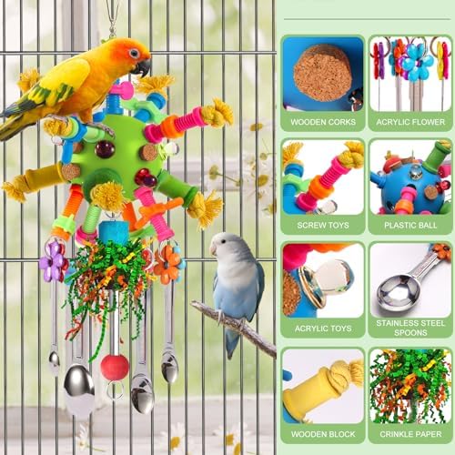 Parrot Toys Bird Toys Perch Pullable Stainless Steel Spoons Colorful Acrylic Stick Chew Toys for Amazons Mini Macaws African Greys Cockatoos Conures,Cockatiels,Lovebirds,Parrotlets and Other (green)