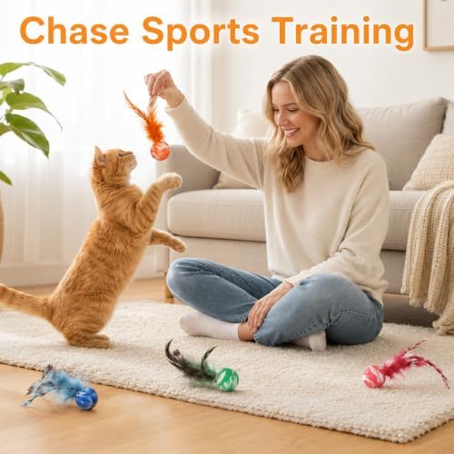 5 Pcs Feather Cat Toy, Cat Toy Balls with Natural Feathers, Feather Chase & Fetch Balls for Indoor Cats, Bouncy Cat Feather Ball Toys, Interactive Silicone Bouncing Balls for Active Kittens, Adult Cat