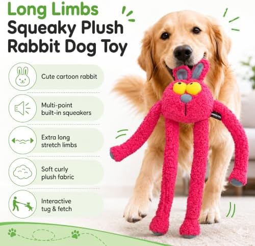 Squeaky Rabbit Dog Plush Chew Toy, Interactive Tug Squeaky Toy for Chewers, Medium Large Dogs & Fetch Play, 31.5 Inch Stuffed Play Toy with Stretchable Limbs for Gentle Gum Care & Boredom Relief