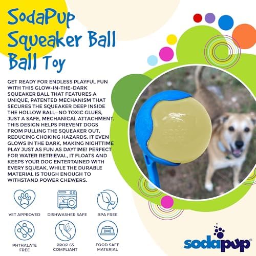 SodaPup Squeaker Ball – Durable Dog Ball Toy, Chew Toy & Floating Retrieving Toy with Squeaker Made in USA from Non-Toxic, Pet-Safe, Food Safe Rubber Material for Bonding, Physical Exercise, & More