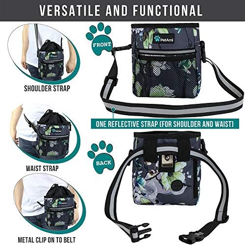 PetAmi Dog Treat Pouch, Pet Treat Pouch for Training, Dog Walking Bag Holder for Kibbles, Pet Food Toy, Dog Trainer Essentials Supplies, Poop Bag Dispenser, 3 Ways to Wear (Floral Grey)