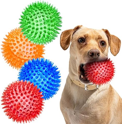 SHARLOVY 3'' Squeaky Balls for Small Dogs, 4 Spiky Dog Balls for Teething