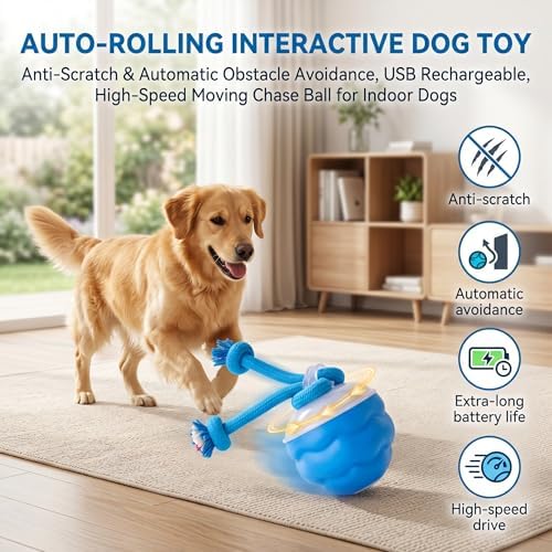 Interactive Dog Toys, Automatic Rolling Ball with Rope, Blue