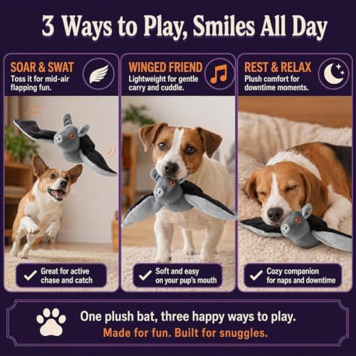 Flying Bat Dog Toy, Flapping Bat Dog Toy with Chirping Sounds, Interactive Rechargeable Flap Bat Toy for Dogs Cats, Hanging & Wand Play, 1PC