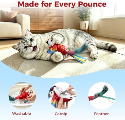 Interactive Bird Cat Toy for Indoor Cats, Flapping Wings and Moving Tail, Auto Chirping Cat Toy, Touch Activated Rechargeable Self Play Cat Kicker Toy, with 5 Bird Covers and Catnip Pouches