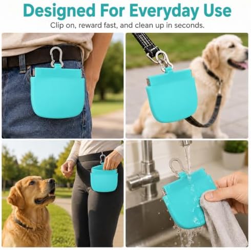 Silicone Dog Treat Pouch for Pet Training One-Hand Access One Cup Silicone Treat Bag with Pull Tab and Auto Closing Lid Treat Pouches for Leash(Color: Cyan)