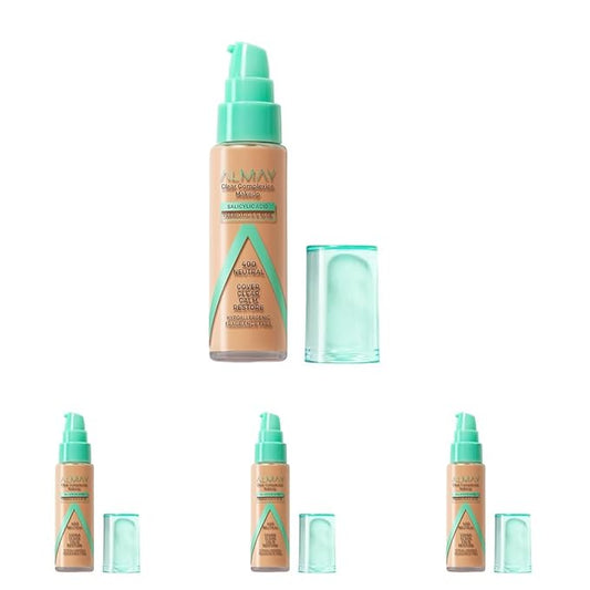 Almay Clear Complexion Acne Foundation Makeup with Salicylic Acid - Lightweight, Medium Coverage, Hypoallergenic, Fragrance-Free, for Sensitive Skin, 400 Neutral, 1 fl oz. (Pack of 4)