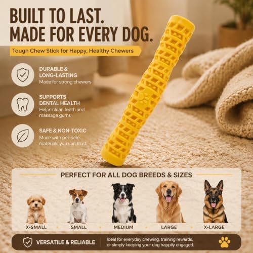 Squeaky Chew Toy for Aggressive Chewers, Indestructible Rubber Pet Toy for Medium Large Breed Puppy, Long-Lasting Durable Teething Chews, Interactive Plaything (Yellow)