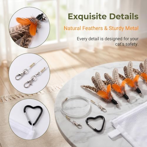 Cat Wand Attachments - Colorful Natural Feather Cat Toy Refills with Bells, Feather Wand Cat Toys for Compatible Teaser Wands (4Feather+2Worm+1wand)