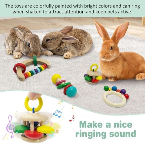 PINVNBY 4 PCS Wooden Bunny Toys Interactive Rabbit Toys Multi-Colored Guinea Pig Teeth Grinding Toy for Chinchillas Hamsters Rats and Small Animals Indoor Outdoor Playing