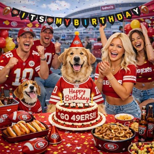 NFL San Francisco 49ers Birthday Party Banner Licensed Football Team Dog & Cat Birthday Decoration, NFL Dog Birthday Party Set and Costume, Football Fan Pet Party Supplies, Team-Themed Pawty Celebration Backdrop for Birthday Photos