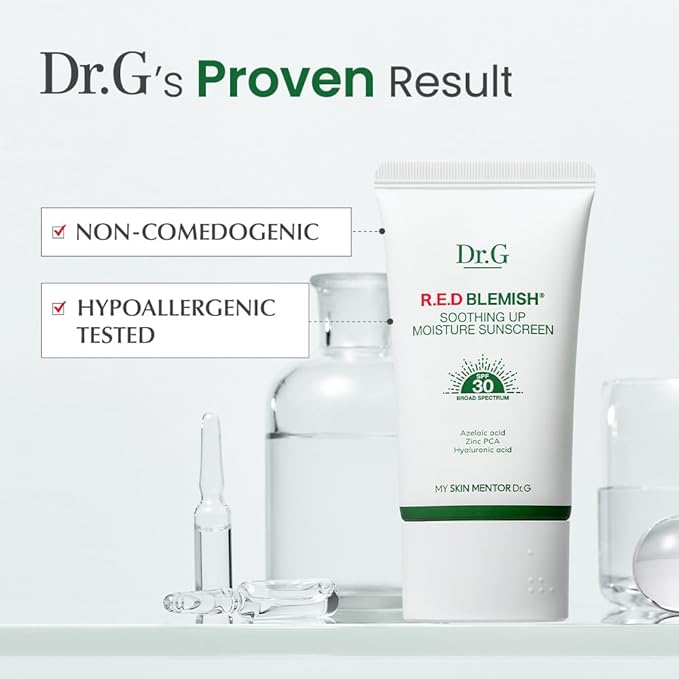 Dr. G R.E.D. Blemish Soothing Up Moisture Sunscreen - Korean Sunscreen with No White Cast - Broad Spectrum SPF for Sensitive Skin - Non-Greasy - With Hyaluronic & Azelaic Acid - 1.69 fl oz