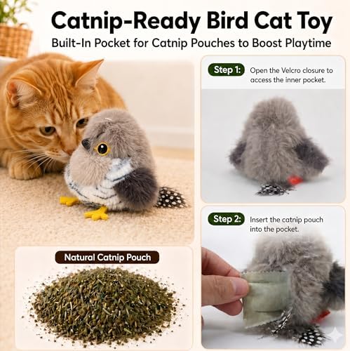 Flapping Bird Cat Toy, Cuckoo Plush Touch Activated Bird Chirp Cat Toy with Refillable Catnip, USB Rechargeable Interactive Kitten Exercise Toy,4.92"(No Flying)