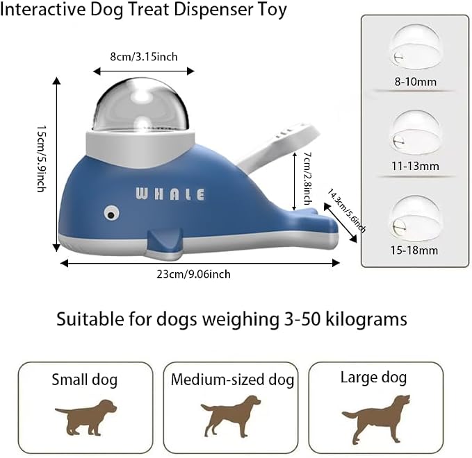Interactive Dog Treat Dispenser Toy, Whale Shape Puzzle Feeder with Press Button and Rotating Design, White and Blue, Slow Feeding Game for Dogs and Cats