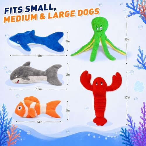 No Stuffing Squeaky Crinkle Dog Toys, 5-Pack Ocean Animal Plush Set