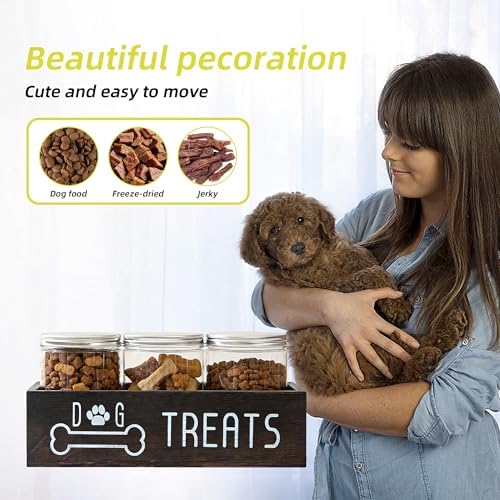 Dog Treat Container with 3 Airtight Jars, Wood Pet Organizer, Black