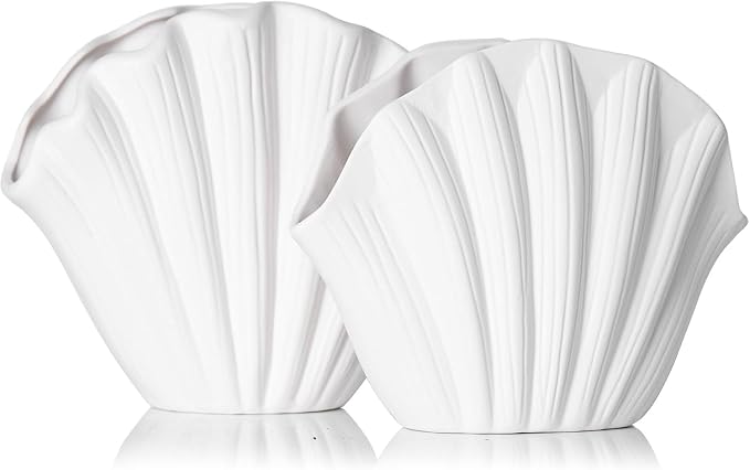 Seashell Vase Set of 2, White Ceramic Shell Vase 6.3" & 5.7", Coastal Sea Shell Vases Decor for Dried Flowers Faux Stem, Beach Nautical Table Decor, Scalloped Aesthetic Vases for Home Accents