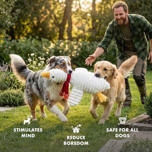 Pet Lou 36 Inch Goose Dog Toy, Plush Squeaky Dog Toy with Crinkle and Grunter, Interactive Dog Toy for Puppies and Dogs, White