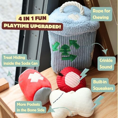 Dog Squeaky Toys, Plush Puzzle Dog Toy for Small Medium Large Dogs, Chew Fetch Brain Stimulating Toy, 3 Durable Small Toys with a Big Trash Can