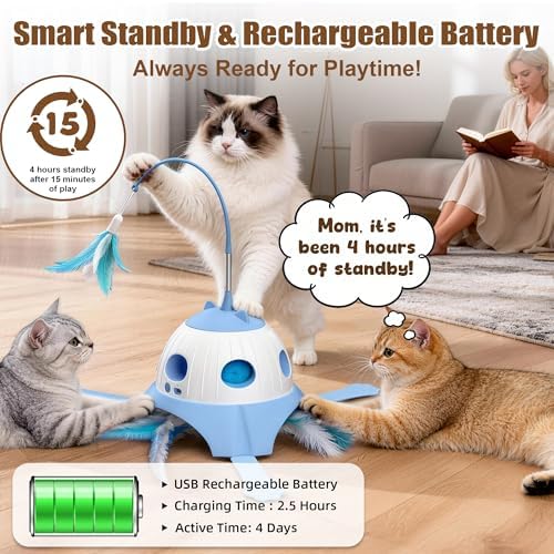 Casfuy 3-in-1 Interactive Whack-a-Mole & Rotating Feather Wand Cat Chasers Toy with Plush Tail, Blue