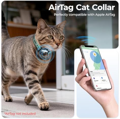 Breakaway AirTag Cat Collar, Reflective Cat Tracker Collar with Bell | Built in AirTag Holder, Adjustable 8.5-12in for Cats, Kittens and Puppies, Safety Elastic Band, Reflective for Night Walking