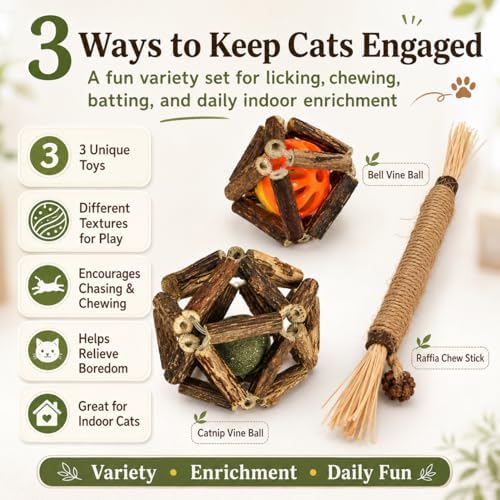 3-in-1 Cat Toy Set with Silvervine Stick Balls, Catnip Vine Ball & Raffia Chew Stick, Interactive Natural Chew Toys for Indoor Cats, Kitten Teething, Batting, Chasing, Licking, Daily Enrichment Play