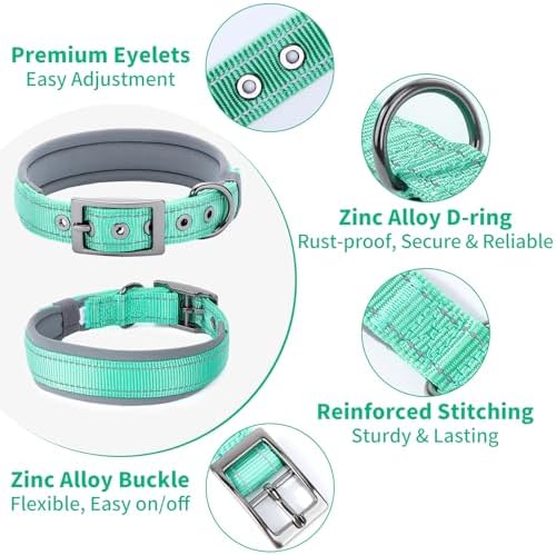 Segarty Reflective Boy Dog Collar for Dogs Neck 14.5-18.9in, Adjustable Wide Soft Comfortable Breathable Neoprene Padded Nylon Collar with Heavy Duty Metal Buckle for Medium Small Breeds (M, Green)