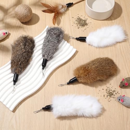 6 Pack Natural Rabbit Fur Cat Toy Refills Silent Cat Wand Toy Attachments Interactive Handmade Replacement Heads with Secure Connector