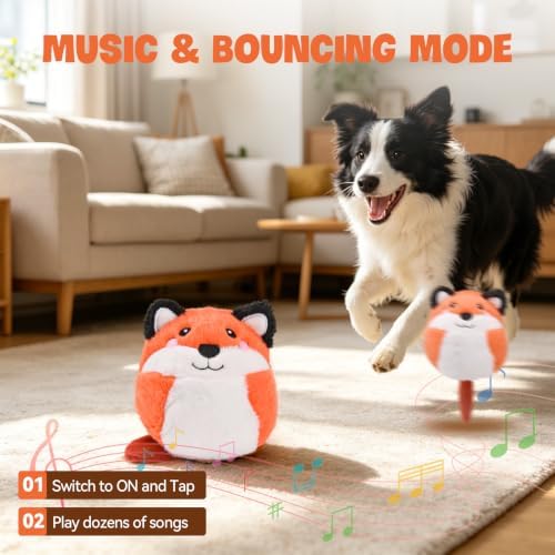 AUSCAT Interactive Moving Puppy/Cats Toys,Plush Bouncing Ball | Music & Recording | Rechargeable Self-Play Toys for Indoor Cats and Small Dogs to Keep Them Busy (Fox)