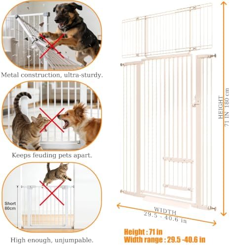 71" Extra Tall Cat Gate 29.5-40.6 Wide Pet gate with Small Cat Door,Pet Gate NO Drilling Pressure Mount Kit for Cats and Dogs Indoor Doorways liveing Room Bedroom