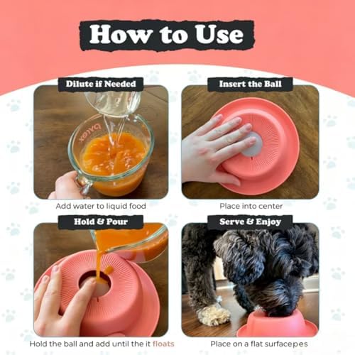 PEDAY Nonslip Dog Slow Feeder Lick Bowl with Ball, Enrichment Toy for Water, Yogurt & Jam, Dishwasher Safe, Coral Orange