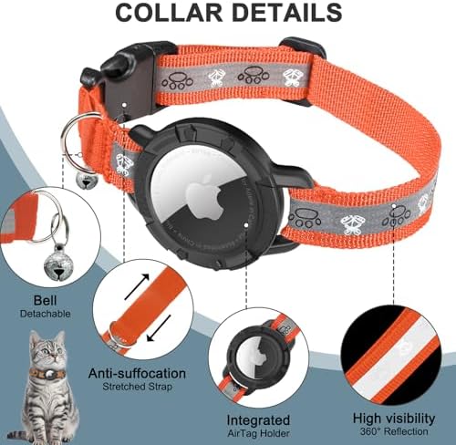 Reflective AirTag Cat Collar, Integrated Cat Collar with Air Tag Holder | Built in AirTag Holder, Adjustable 7-13in for Cats, Kittens and Puppies, Safety Elastic Band, Reflective for Night Walking