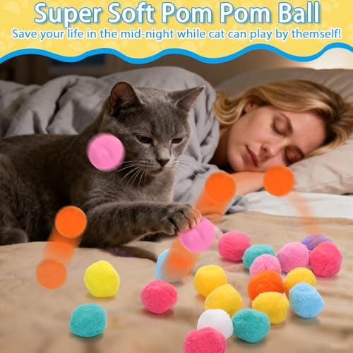 Mity rain 102PCS Cat Ball Launchers & Pom Pom Balls Interactive Cat Toy Set