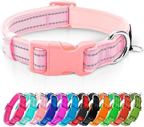 azuza Reflective Dog Collar, Neoprene Padded Medium Dog Collar, Pink, M