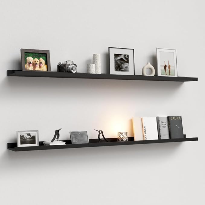 Boswillon Floating Shelves Set of 2, Long Wall Shelf with Lip, 56in, Black | Display Ledge Shelf for Room Wall, Wall Decor Shelves for Bathroom, Living Room, Bedroom, Kitchen, Nursery Room, Modern, Wood