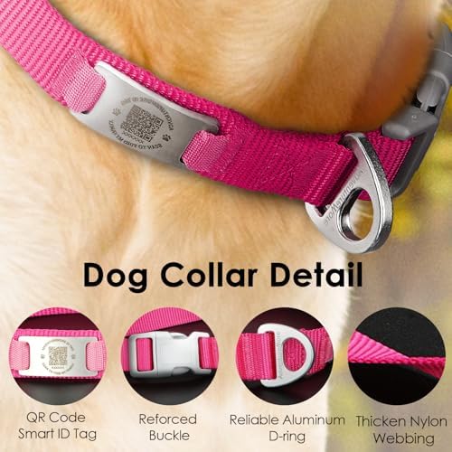 ADVENTUREMORE Smart ID Tag QR Code Nylon Dog Collar - Prevents Small, Medium, Large Dogs from Getting Lost at Night, Displays Owner and Pet Details - Durable, Adjustable, Thick-Rose-Small